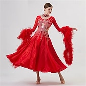 abordables Vêtements de Compétition-Robe de danse de salon pour femme, manches en plumes et strass, tenue de compétition de valse et de tango, avec dos transparent – rouge