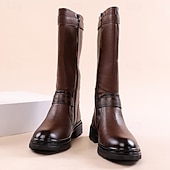 abordables Bottes d&#039;équitation-Bottes d&#039;équitation montantes en similicuir marron pour homme avec sangle à boucle, bottes hautes équestres vintage pour la mode et les costumes