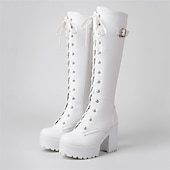 voordelige Platformlaarzen-Zwarte platform veterschoenen voor dames tot aan de knie met dikke hakken en gespdetail – gothic of punkstijl voor herfst en winter