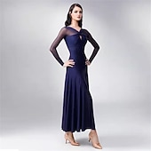 economico Abbigliamento da Competizione-abito da ballo da sala da donna blu navy elegante a maniche lunghe in rete con scollo incrociato, abito da competizione per valzer, foxtrot e tango