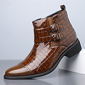 Недорогие Платье ботинки-Мужские коричневые ботинки с двойной пряжкой, верх с тиснением под крокодиловую кожу, стильный формальный дизайн для деловых встреч, свадеб и особых случаев.