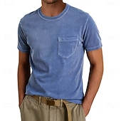 billiga grundläggande t-shirts-Herr T-shirt Tvätta skjorta i 100 % bomull Kortärmad Rund hals Sommar Vår Alla årstider Ensfärgat Elegant Vintage Neutral Ficka Crewneck Urblekt Ledigt Hem Utomhus Ljusblå Aprikos Svart Topp t-shirt