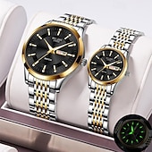 ieftine Ceasuri Quartz-Două ceasuri noi și la modă cu cuarț pentru cupluri - carcasă din oțel inoxidabil, rezistență la apă IPX7, calendar dublu luminescent, dată și afișaj duminică/luni, curea din aliaj - cadou ideal