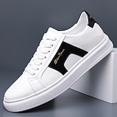 abordables Zapatillas Informales-Zapatillas casuales de piel sintética blanca para hombre con panel de acento marrón y diseño con cordones, zapatos de calle cómodos para atuendos urbanos y deportivos diarios.