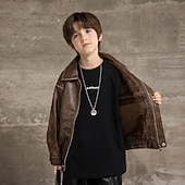 Недорогие Кожаные куртки для мальчиков-Детские Мальчики Черная кожаная куртка Жакет Верхняя одежда Полотняное плетение Длинный рукав Застегнуться ЗАЩИТА ОТ ВЛАГИ Защита от ветра Пальто Повседневные Мода На каждый день Черный Коричневый