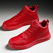 baratos Tênis Casuais-Tênis masculinos de cano alto em couro sintético vermelho – calçado moderno e confortável para uso casual no Natal e passeios de fim de ano