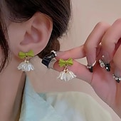 abordables Bagues pour femmes-Boucles d'oreilles pendantes en forme de nœud et de clochette – Boucles d'oreilles pendantes en résine verte et lys blanc pour femmes