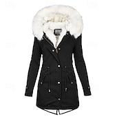 preiswerte Winter Parka-Damen Wintermantel Kunstpelzmantel Kapuzenjacke Warm Bequem Fellbesatz Reißverschluss Tasche Knöpfe Lässig Einfach Outdoor Urlaub Alltagskleidung Ausgehen Lang Mit Kapuze Normale Passform Langarm