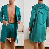 cheap Men&#039;s Robes-Men&#039;s Pajamas Silk Robe Sleepwear Pajama Set 1 set Plain Fashion Stylish Classic Home Daily Bed Polyester Comfort Soft Hoodie Long Sleeve Belt Included Summer Spring Lake Blue Champagne