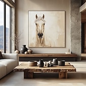 preiswerte Tiergemälde-handgemaltes abstraktes Pferdebild, großes abstraktes Tierbild, beige Wandkunst, moderne abstrakte Kunst, große Leinwandkunst, Acrylmalerei