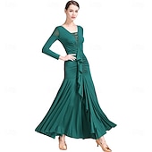preiswerte Standard-Tanzsaal-grünes Gesellschaftstanzkleid mit langen Ärmeln, gerüschten Details und Rüschenrock für eleganten Latein &amp;Ballsaalaufführung