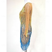abordables robe de compétition-Women’s Gold and Blue Latin Dance Dress with Crystal Rhinestones and Fringed Details for Salsa, Tango, and Dance Performance