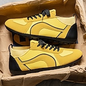 baratos Tênis Casuais-Tênis casual masculino amarelo e preto com design de malha respirável, calçado leve e antiderrapante para caminhadas ao ar livre, viagens e estilo cotidiano