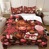 baratos Conjuntos de capa de edredão-Conjunto de capa de edredom de 3 peças com estampa de vaca das terras altas e flores fofas para cama grande, capa de edredom curta e macia com 2 fronhas – roupa de cama para quarto de hotel,