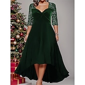abordables Robe de cocktail-Robe à sequins grande taille pour femmes Couleur unie Col en V Manches 3/4 Printemps Automne Élégante Robe midi Fête Invité de mariage