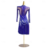 abordables robe de compétition-Robe de danse latine pour femme, bleu roi, strass, manches longues, franges, costume de performance pour compétition de samba, cha cha, rumba
