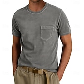 billiga grundläggande t-shirts-Herr T-shirt Tvätta skjorta i 100 % bomull Kortärmad Rund hals Sommar Vår Alla årstider Ensfärgat Elegant Vintage Neutral Ficka Crewneck Urblekt Ledigt Hem Utomhus Ljusblå Aprikos Svart Topp t-shirt