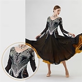 cheap Competition Wear-Women's Ballroom Dance Dress Rhinestone Mesh Long Sleeve Waltz Tango Competition Performance Gown with Layered Gold Hem – Black Gold