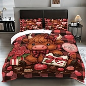 baratos Conjuntos de capa de edredão-Conjunto de capa de edredom de 3 peças com estampa de vaca das terras altas e flores fofas para cama grande, capa de edredom curta e macia com 2 fronhas – roupa de cama para quarto de hotel,