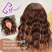 halpa Synteettiset trendikkäät peruukit-Polkkatukkainen peruukki naisille, laineikkaat, punertavan karamellinruskeat, lyhyet kiharat hiukset, peruukki otsatukalla, olkapäille ulottuva, synteettinen, realistinen, lämmönkestävä peruukki