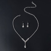 tanie Naszyjnik damski-Elegancki srebrny komplet biżuterii z kryształkami – naszyjnik z kryształkami w kształcie łezki i wiszące kolczyki dla kobiet