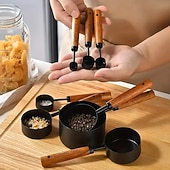 رخيصةأون أدوات القياس-مجموعة من 8 قطع من أكواب القياس والملاعق - أكواب قياس من الفولاذ المقاوم للصدأ بمقبض خشبي، مجموعة ملاعق قياس معدنية، مجموعة قياس المطبخ للمطبخ/الطعام/الخبز