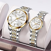 ieftine Ceasuri Quartz-Două ceasuri noi și la modă cu cuarț pentru cupluri - carcasă din oțel inoxidabil, rezistență la apă IPX7, calendar dublu luminescent, dată și afișaj duminică/luni, curea din aliaj - cadou ideal