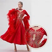 abordables Vêtements de Compétition-Robe de danse de salon pour femme, manches en plumes et strass, tenue de compétition de valse et de tango, avec dos transparent – rouge