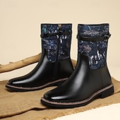 olcso Cowboy és nyugati csizma-Barna műbőr férfi félvádrávégű csizma terepszínű szövetrészletekkel – divatos és praktikus lábbeli szabadtéri kalandokhoz és hétköznapi viselethez