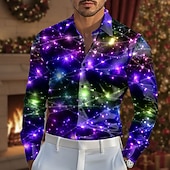 preiswerte Herren Satin Hemd-Weihnachten Herren Funkelnder Glitzer Weihnachtslicht Hemd Satinhemd Kleidhemd Langarm Modisch lässig Outdoor Party Ferien Frühling Herbst Umlegekragen 3D-Druck Hemden mit Knopfleiste Rote Blau