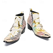 halpa Ensiluokkaiset nahkasaappaat-Miesten valkoiset abstraktin raidalliset nahkaiset cowboy-saappaat vetoketjulla ja metallisella kärjellä, 100% naudannahasta valmistetut taiteelliset nilkkurit lavalle ja tapahtumiin