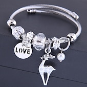 baratos Pulseira Feminina-pulseira de prata charmosa com pingente de amor e pingente de rena, pulseira ajustável de contas de cristal para mulheres