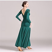 preiswerte Standard-Tanzsaal-grünes Gesellschaftstanzkleid mit langen Ärmeln, gerüschten Details und Rüschenrock für eleganten Latein &amp;Ballsaalaufführung