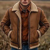 baratos Faux Suede Jackets-Men's Faux Suede Jacket Fleece Jacket Sherpa Jacket Brown Suede Jacket Casual Casual Daily Windbreaker Patchwork Pocket Winter Solid Color Vintage Fashion Shirt Collar Regular Black Brown Jacket