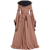 baratos Vestir-Medieval Renascentista século 18 Comprimento Longo Vestidos Manga Alargamento Viking Outlander Tamanhos Grandes Elfo Côr Sólida Decote Quadrado Fantasia Mulheres Celta Fantasia Baile de Máscaras