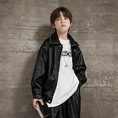 Недорогие Кожаные куртки для мальчиков-Детские Мальчики Черная кожаная куртка Жакет Верхняя одежда Полотняное плетение Длинный рукав Застегнуться ЗАЩИТА ОТ ВЛАГИ Защита от ветра Пальто Повседневные Мода На каждый день Черный Коричневый