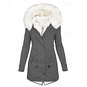 preiswerte Winter Parka-Damen Wintermantel Kunstpelzmantel Kapuzenjacke Warm Bequem Fellbesatz Reißverschluss Tasche Knöpfe Lässig Einfach Outdoor Urlaub Alltagskleidung Ausgehen Lang Mit Kapuze Normale Passform Langarm