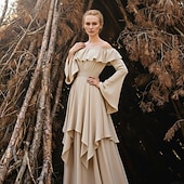 cheap Dresses-Elegant Medieval Renaissance Cocktail Dress Regency Inspired Dress Puff Sleeve Viking Elven Off Shoulder Solid Color Fancy Dress Women's Celtic Pirate Fantasy Halloween Carnival Masquerade Halloween