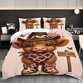 baratos Conjuntos de capa de edredão-Conjunto de capa de edredom de 3 peças com estampa de vaca das terras altas e flores fofas para cama grande, capa de edredom curta e macia com 2 fronhas – roupa de cama para quarto de hotel,