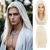 baratos Perucas Casam-Peruca longa castanha para homem, cabelo liso, sintética, resistente ao calor, ideal para uso diário, festas e fantasias.