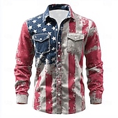  Men's American US Flag Patriotic Shirt Western Shirt Long Sleeve Vintage Retro Casual Holiday WorkWear Spring Fall Turndown Front Two Pockets Linen Like Shirt Button Up Shirts Blue Red