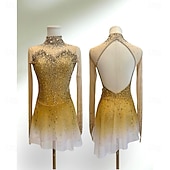 お買い得  フィギュアスケートドレス-フィギュアスケート ドレス 女性用 女の子 アイススケート ドレス イエロー パッチワーク 指穴付き スパンデックス メッシュ 高弾性 訓練 競技大会 スケートウェア クラシック クリスタル・ラインストーン 長袖 アイススケート フィギュアスケート