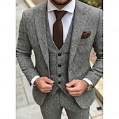 お買い得  フォーマルスーツ-男性用 ツイードスーツ カジュアル ビジネス ブラック グレー 秋 スーツ ピークドラペル フォーマル ヘリンボーン テイラーフィット 3点セット シングルブレスト 一つボタン