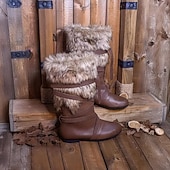 billige Riding Boots-Brune middelalderstøvler i kunstskinn til herre – fôr i kunstpels med stilig stroppdetalj, ideelle for historiske gjenskapninger, cosplay og vinterantrekk