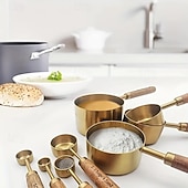 رخيصةأون أدوات القياس-مجموعة من 8 قطع من أكواب القياس والملاعق - أكواب قياس من الفولاذ المقاوم للصدأ بمقبض خشبي، مجموعة ملاعق قياس معدنية، مجموعة قياس المطبخ للمطبخ/الطعام/الخبز