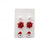 abordables Anillos de mujer-Conjunto de pendientes navideños: colección de joyas navideñas con lazos rojos y verdes, Papá Noel, árbol de Navidad y perlas.