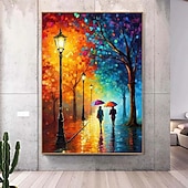 tanie Pejzaże-prezent świąteczny ręcznie malowany obraz olejny kolorowy spacer po mieście malarstwo na płótnie romantyczna para sztuka abstrakcyjne płótno deszczowe światła uliczne dekoracja ścienna nowoczesny
