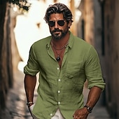 baratos Rua-Homens Camisa Social Camisa de linho camisa de verão camisa de praia camisa de botão Camisas para fora da calça Tecido Ao ar livre Rua Preto Branco Verde Claro Rosa Manga Longa Aberto para a Lateral