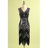 abordables Vestidos de los años 20-Conjunto Rugido 20s 1920s Hasta la Rodilla Vestido Flapper Vestido Cóctel Disfraz de lujo con accesorios Sin Mangas El gran Gatsby Chica de la aleta Lentejuelas Borlas Escote en Pico Disfraz Mujer