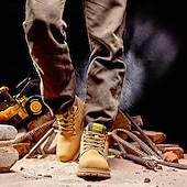 cheap Work Boots-Men's Yellow Faux Leather Work Safety Boots with Shock-Absorbing Sole and Steel-Toe Protection, Durable Construction Boots for Outdoor Labor and Industrial Work